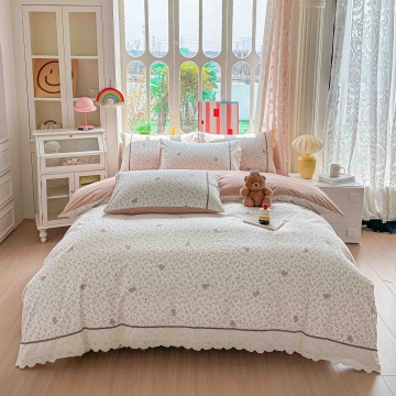Lenjerie de Pat Ranforce 100% Bumbac Alb-Roz cu Ursuleti si Dantela | 4 Piese | Cearceaf cu Elastic 180x200 cm | Jojo Home