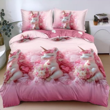 Lenjerie de pat roz cu unicorn și flori, 4 piese, policoton