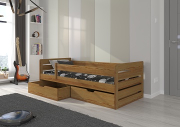 Pat copii ADRK BEMMA – 90x200 cm – cu somieră inclusă – cu ladă de depozitare – Stejar – SKU CH-Bem-OAK-205-E2048