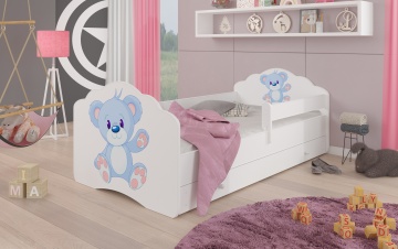 Pat copii ADRK CASIMO – 70x140 cm – cu somieră inclusă – cu ladă de depozitare – cu barieră de protecție – Urs albastru – Alb