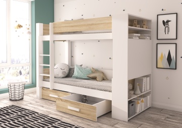 Pat copii ADRK GARET – 90x200 cm – cu somieră inclusă – cu ladă de depozitare – Alb / Sonoma – SKU CH-Gar-W+S-230-E1163