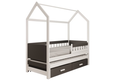Pat copii ADRK House Jaspis – 90x200 cm – cu somieră inclusă – cu ladă de depozitare – Alb / Antracit – SKU CH-JAS-WA-200