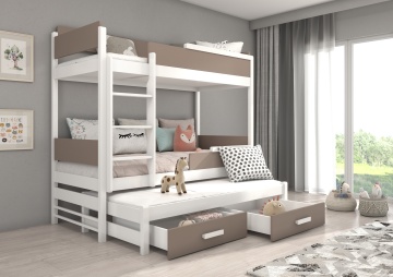 Pat copii ADRK QUEEN – 80x180 cm – cu somieră inclusă – cu ladă de depozitare – Alb / Trufă – SKU CH-QUE-W_T-M-180