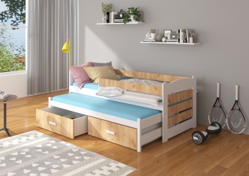 Pat copii ADRK TIARRO – 80x180 cm – cu somieră inclusă – cu ladă de depozitare – cu barieră de protecție – Alb / Stejar Auriu – SKU CH-Tia-W+OGOLD-186+M-E381