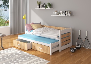 Pat copii ADRK TIARRO – 90x200 cm – cu somieră inclusă – cu ladă de depozitare – Alb / Stejar Auriu – SKU CH-Tia-W+OGOLD-206-E1366