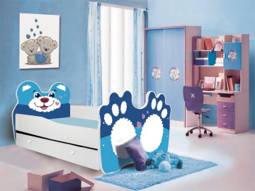 Pat copii ADRK Urs albastru – 70x140 cm – cu somieră inclusă – cu ladă de depozitare – Albastru