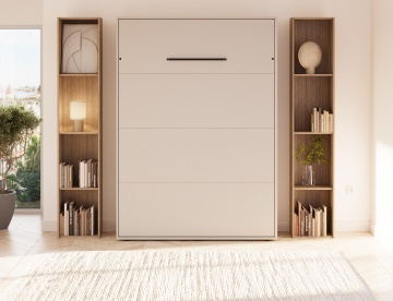 Pat rabatabil ADRK Vivario 140 – 140x200 cm – Cașmir – deschis cu lenjerie bej în ambient, vedere frontală