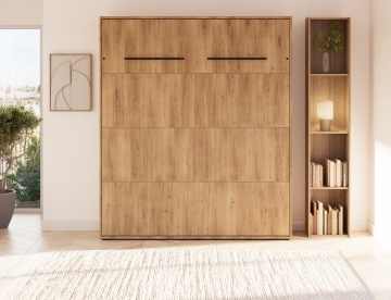 Pat rabatabil ADRK Vivario 160 – 160x200 cm – Stejar Artisan – deschis cu lenjerie bej în ambient, vedere frontală