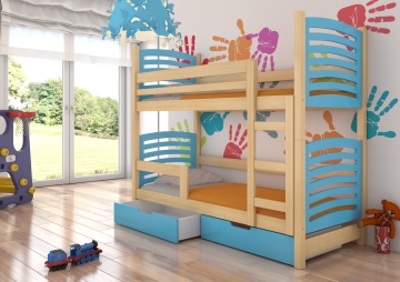 Pat supraetajat ADRK copii OSUNA – 75x180 cm – cu somieră inclusă – cu ladă de depozitare – Pin / Albastru