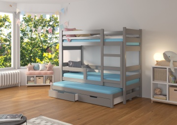 Pat supraetajat ADRK pentru 3 persoane KARLO – 75x180 cm – cu somieră inclusă – cu ladă de depozitare – Gri