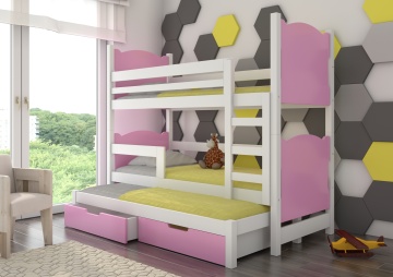Pat supraetajat ADRK pentru 3 persoane LETICIA – 75x180 cm – cu somieră inclusă – cu ladă de depozitare – Alb / Roz