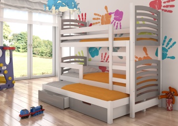 Pat supraetajat ADRK pentru 3 persoane SORIA – 75x180 cm – cu somieră inclusă – cu ladă de depozitare – Alb / Gri