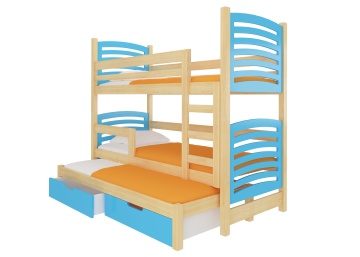 Pat supraetajat ADRK pentru 3 persoane SORIA – 75x180 cm – Pin / Albastru – fotografie de catalog a modelului