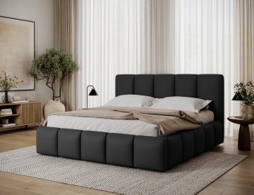 Pat tapițat ELTAP Edvige, 140x200 cm, negru, Soft 11 – amenajat într-un dormitor, vedere trei sferturi din lateral – prezentare suplimentară a modelului