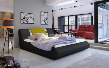 Pat tapițat ELTAP Flavio, 160x200 cm, negru, Soft 11, Omega 68, CU SOMIERĂ DIN LEMN, Ridicare cu arc (spring lift), CU LADĂ