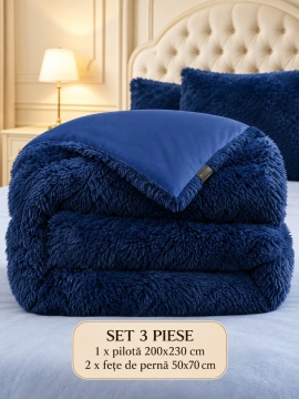 Pilotă Fluffy extra pufoasă 200×230 cm cu 2 fețe de pernă, set 3 piese, bleumarin – Johnny Home FA-01