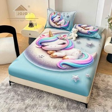 Husă de pat Finet 5D bleu cu unicorn pastel + 2 fețe de pernă | JoJo Home