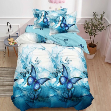 Lenjerie de pat 1 persoană Blue Butterfly 4 piese, cu cearceaf cu elastic, Policoton – Johnny Home Pucioasa