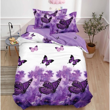 Lenjerie de pat 1 persoană Purple Butterflies 4 piese, cu cearceaf cu elastic, Policoton – Johnny Home Pucioasa