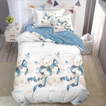 Lenjerie de pat 1 persoană Ursuleț Bleu 4 piese, cu cearceaf cu elastic, Policoton – Johnny Home Pucioasa
