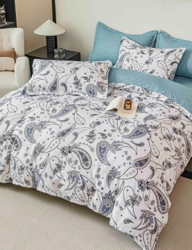 Lenjerie de Pat 2 Persoane, Tip Finet, 6 Piese, Cearșaf fără Elastic, Alb & Bleu, Jojo Home, FNJ-261