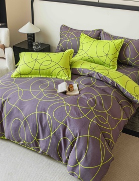 Lenjerie de Pat 2 Persoane, Tip Finet, 6 Piese, Cearșaf fără Elastic, Gri & Verde Lime, Jojo Home, FNJ-256
