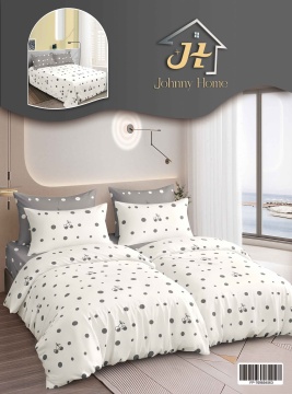 Lenjerie de pat cu 2 pilote, 7 piese, 160x220 cm – Alb și gri cu buline și cireșe | Johnny Home