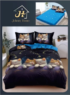 Lenjerie de pat cu elastic 2 persoane | bleumarin cu pisici | 4 piese | Policoton fin | Johnny Home