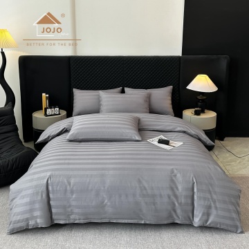 Lenjerie de pat Damasc 100% Bumbac Gri cu Dungi Satinate | Cearceaf cu Elastic | 6 Piese | Pat 2 Persoane | JOJO HOME