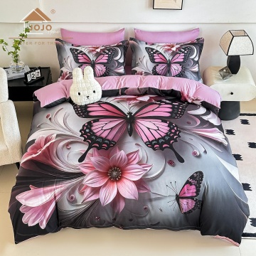 Detaliu lenjerie finet 5D cu fluture roz de mari dimensiuni și motive florale elegante
