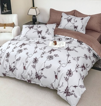 Lenjerie de pat finet, 2 persoane, 6 piese, fără elastic, ramuri florale, alb și roz pudră, JoJo Home, FNJ-505