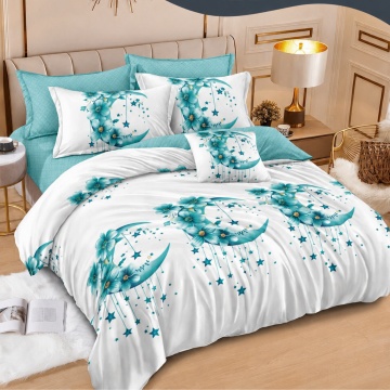Lenjerie de pat Johnny Home Pucioasa, 6 piese, finet, model floral turcoaz cu lună și stele, 2 persoane