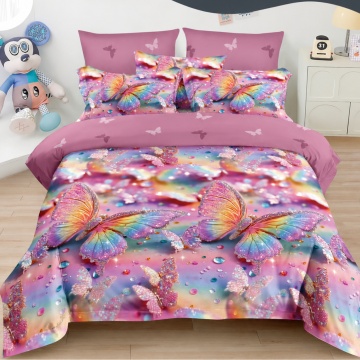 Lenjerie de pat Johnny Home Pucioasa, 6 piese, finet, model fluturi multicolori pe fundal roz, 2 persoane