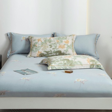 Lenjerie de pat cu 4 fete de perna si un cearceaf de pat cu elastic, imprimeu floral, culoare bleu / verde