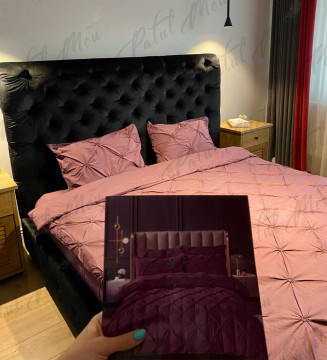 Lenjerie de pat uni cu pliuri, țesătură tip finet, pat 2 persoane, 6 piese, violet închis