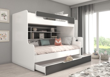 Pat copii ADRK HARELL – 90x200 cm – cu somieră inclusă – cu ladă de depozitare – cu scară – Alb / Gri – SKU CH-HAR-W_G-M