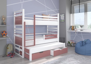 Pat copii ADRK HIPPO – 80x180 cm – cu somieră inclusă – cu ladă de depozitare – Alb / Roz – SKU CH-Hip-W+P-190-E1893