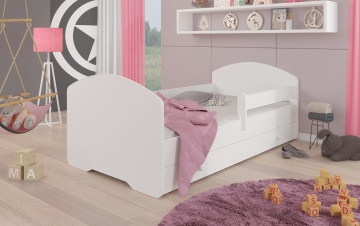 Pat copii ADRK PEPE – 80x160 cm – cu somieră inclusă – cu ladă de depozitare – cu barieră de protecție – Alb