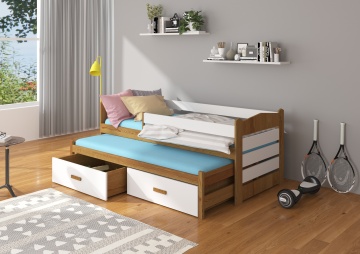 Pat copii ADRK TIARRO – 90x200 cm – cu somieră inclusă – cu ladă de depozitare – cu barieră de protecție – Stejar / Alb – SKU CH-Tia-OAK+W-206+M-E429