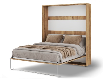 Pat rabatabil ADRK Vivario 160 – 160x200 cm – Stejar Artisan – deschis cu lenjerie bej, vedere trei sferturi
