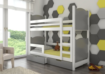 Pat supraetajat ADRK copii MARABA – 75x180 cm – cu somieră inclusă – cu ladă de depozitare – Alb / Gri