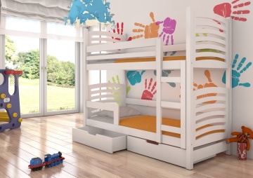 Pat supraetajat ADRK copii OSUNA – 75x180 cm – cu somieră inclusă – cu ladă de depozitare – Alb