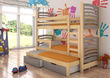 Pat supraetajat ADRK pentru 3 persoane SORIA – 75x180 cm – cu somieră inclusă – cu ladă de depozitare – Pin / Gri