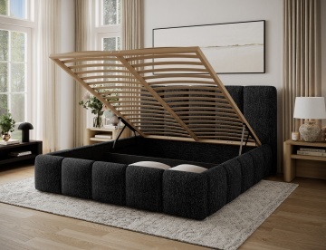 Pat tapițat ELTAP Edvige, 140x200 cm, negru, Berlin 02 – somieră din lemn ridicată și lada de depozitare deschisă – prezentare suplimentară a modelului