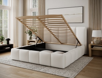 Pat tapițat ELTAP Edvige, 180x200 cm, alb, Soft 17 – somieră din lemn ridicată și lada de depozitare deschisă – prezentare suplimentară a modelului