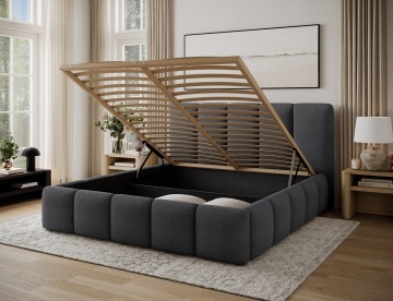 Pat tapițat ELTAP Edvige, 180x200 cm, gri închis, Sawana 05 – somieră din lemn ridicată și lada de depozitare deschisă – cadru alternativ al produsului