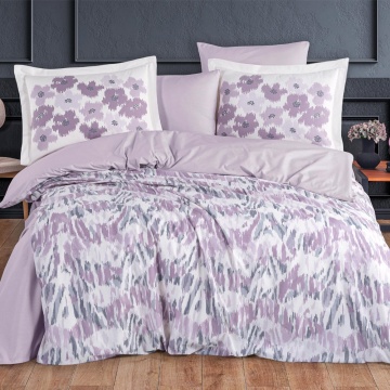 Set lenjerie de pat 4 piese pentru 2 persoane bumbac poplin 100% alb cu lila | Penny | Hobby Home