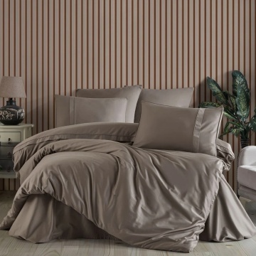 Set lenjerie de pat bumbac satinat 100% PLAIN | Hobby Home | Camel | Uni | 300 fire/cm² | 6 piese | 2 persoane