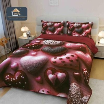 Cuvertură matlasată 5D visiniu cu inimi decorative JOJO HOME – 3 piese