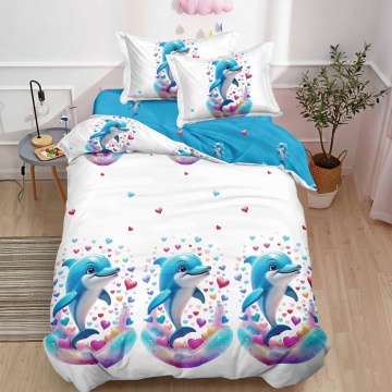 Lenjerie de pat 1 persoană Dolphin Love 4 piese, cu cearceaf cu elastic, Policoton – Johnny Home Pucioasa